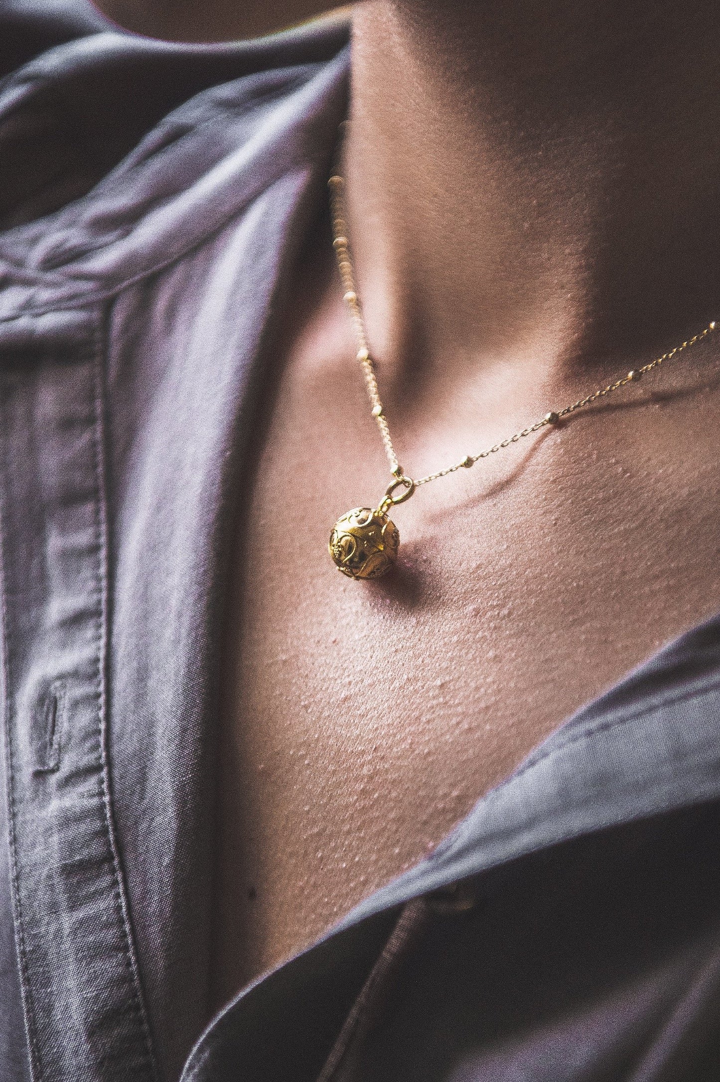 Close up of Small Bali Harmony Ball necklace