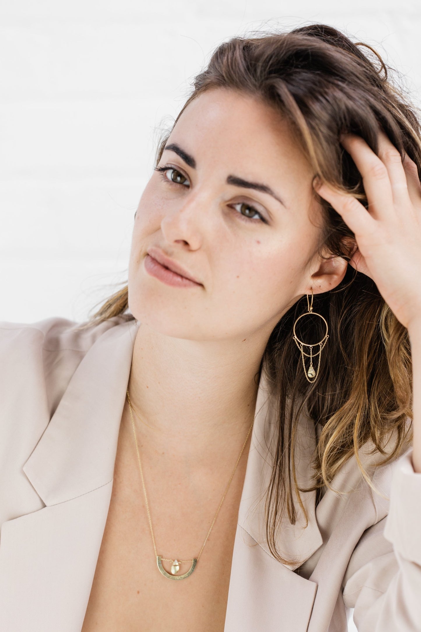 Woman wearing Guardian Crescent Clear Quartz Drop Necklace